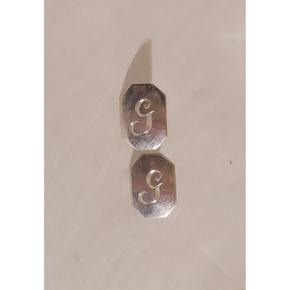 G Engraved Sterling Silver Earrings Elongated Octagon Shape Screw On Back  VTG